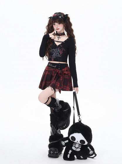 Black/White V-neck Buckle Strap Letter Print Cropped Top