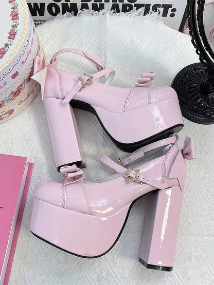 Star Bow Elegant Round-Toe Pink 12cm Snap Heels - Platform Height Lolita High with Details Heeled