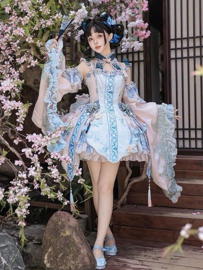 Porcelain Theme Qi Lolita Short Skirt Dress Set with Floral Print - Your Highness