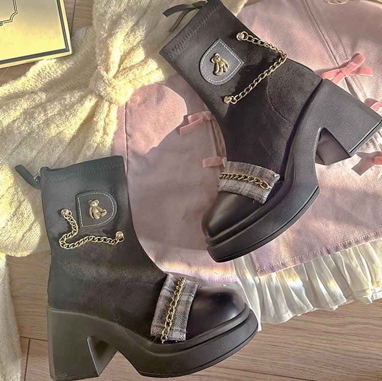 with Bear Style Closure Platform Black Zip Boots High-heel Preppy Accents Inner
