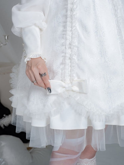White Gothic Lolita Pleated Dress with Round Collar, Lace and Bowknot Accents - Kuroya