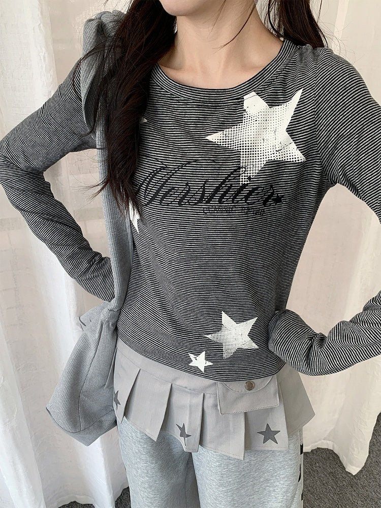 Y2K Dark Gray Striped Round Neck Long Sleeve Top with Star and Letter Print - Solkatt