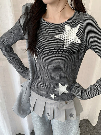 Y2K Dark Gray Striped Round Neck Long Sleeve Top with Star and Letter Print - Solkatt