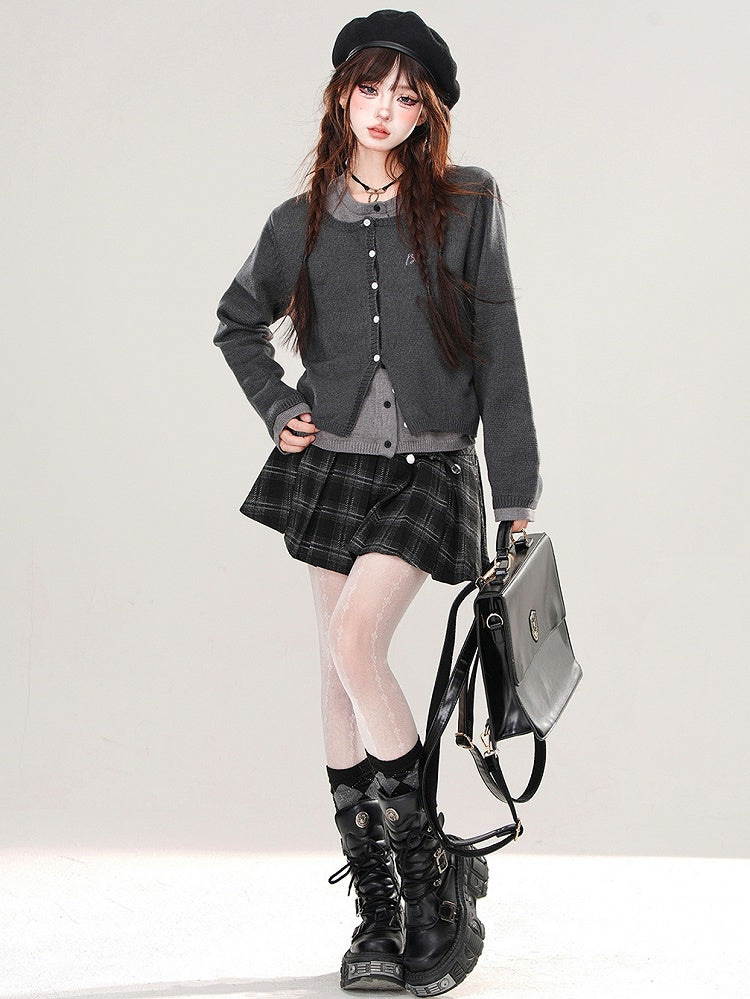 Blue/Dark Grey Fake Two-piece Cardigan