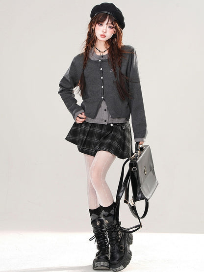 Blue/Dark Grey Fake Two-piece Cardigan