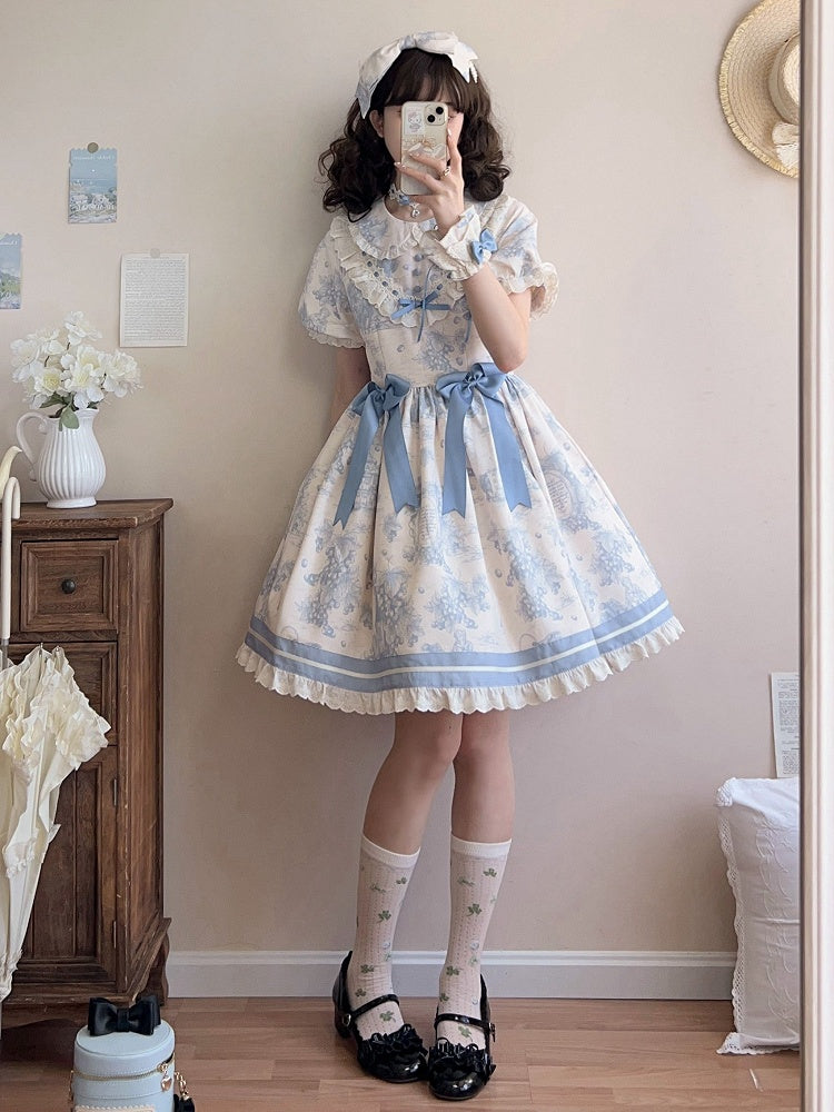 Dress Print Collar Blue Lolita Pan Short Sleeves Grapes Peter
