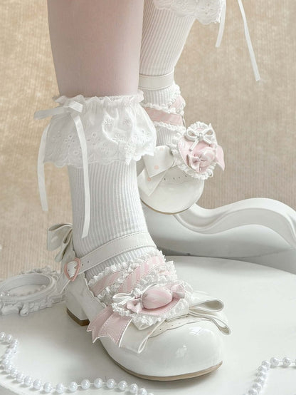 Lolita - Straps Heart Top Trim White Bow Ruffles Decor Candy Crisscross with Mary Sweet Pink Janes Shoe Clip