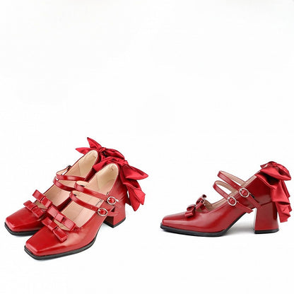 Square Lolita Block Buckles Heels Red Dual Elegant Bow High - Wine 6.5cm Toe Accents