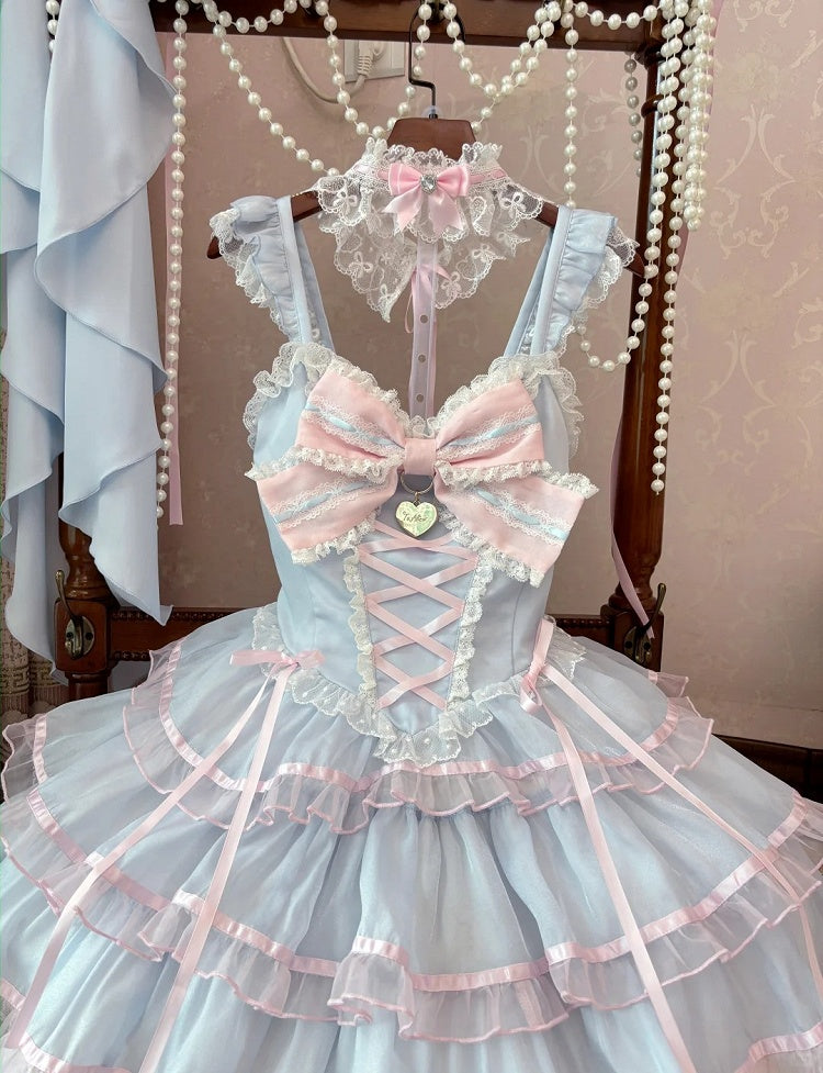 Rock und rosa blauer Pulloverrock Hime Lolita-Kleid Flatterärmel gestuft