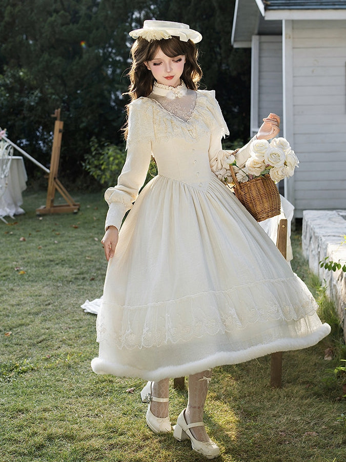 Dress Neck Embroidery Sleeves Edward Long Creamy Lolita Camellia Elegant with