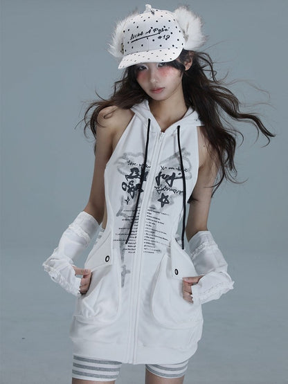 Striped Cutout Graffiti White Casual Hoodie  Punk Dress Shorts Two-Piece Set: