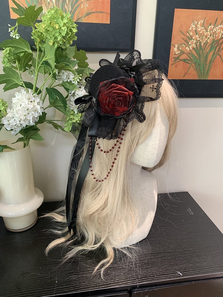 Red/Blue/Purple Lolita Mini Hat Decorated Black Rose Trimmed Lace Gothic