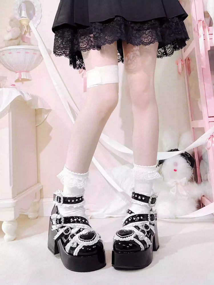 Jirai-Schnalle mit Strass-Blockzehe und Spitze, High Heel, verzierte schwarze Riemchenschuhe: Rundes Cross-Plateau Kei