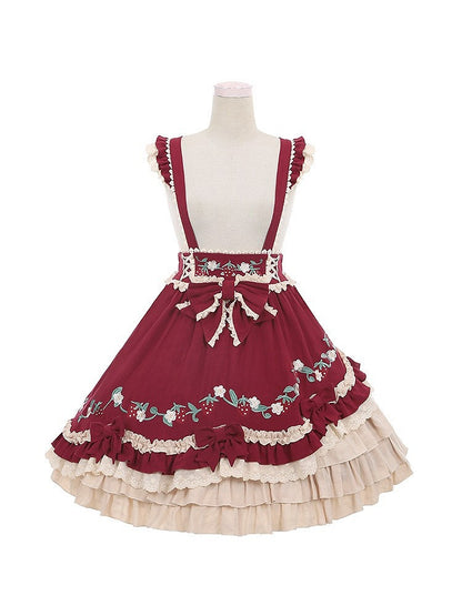 and Wine Lolita Red Overall Tiered Flutter Hem Sweet with Sleeves Skirt