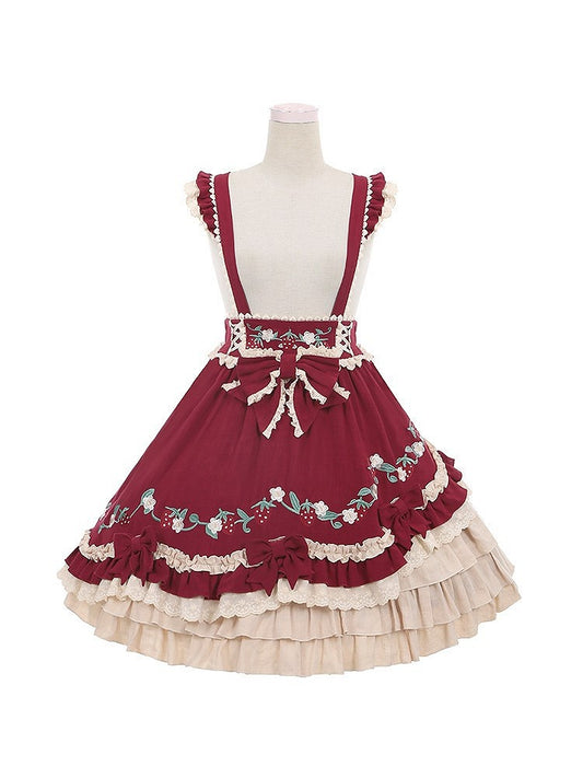 and Wine Lolita Red Overall Tiered Flutter Hem Sweet with Sleeves Skirt
