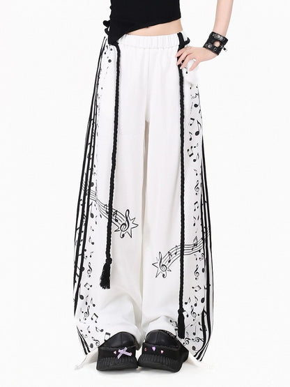 White Music Note Printed Straight Leg Pants with Waist Cord - Kawaii Daily - CRAZY GIRL