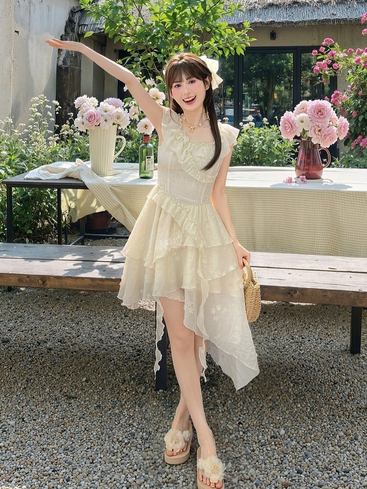 Tonal Beige Rüschen Ausschnitt Asymmetrische Urlaub Ärmelloses Kleid Saum Floral Stickerei