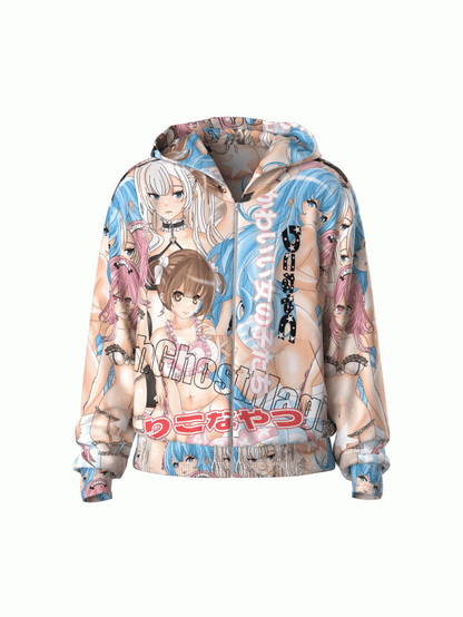 Closure Hoodie Colorful Cartoon Print Zip