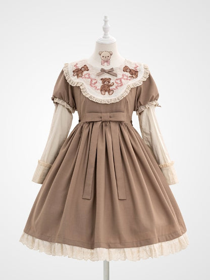 Sweet Dresswith Coffee Teddy Lolita Puff Embroidered Bear Neckline Sleeves Trim Lace