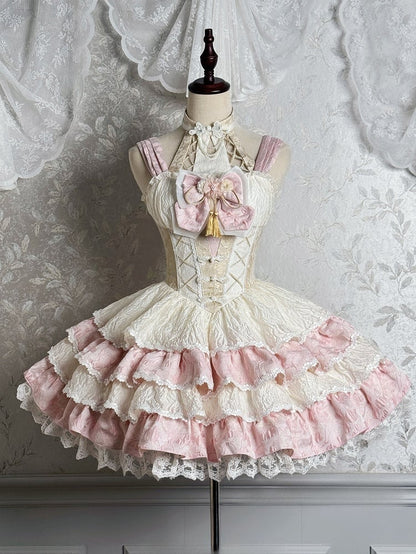 ネックバスクドレス ウエストピンクスカート ホルターティアードQi取り外し可能ロリータ