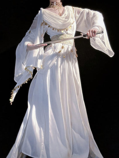 Greek-inspired White Lolita Gold Chiffon Corset Dress + Belt with Accents Embroidered