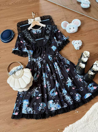 Black & Blue Jellyfish and Shell Print Sailor Lolita Dress with Lace Details - Good Night Meow