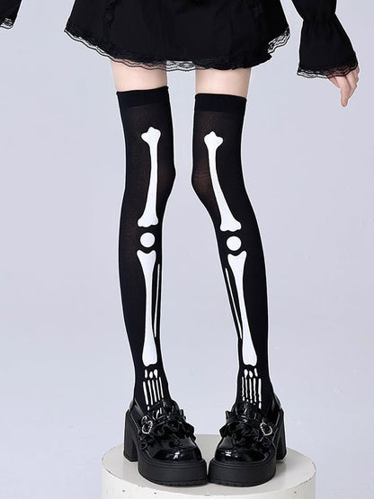Over Stockings Black Knee Print Bone