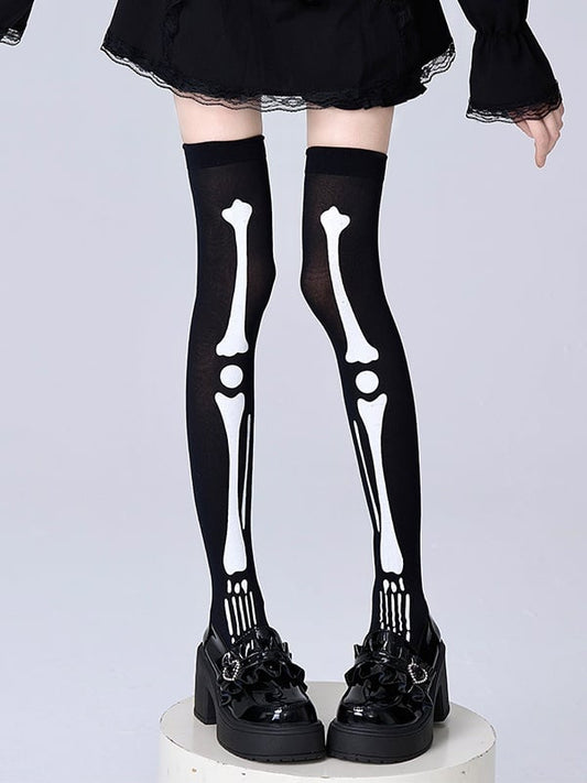 Over Stockings Black Knee Print Bone