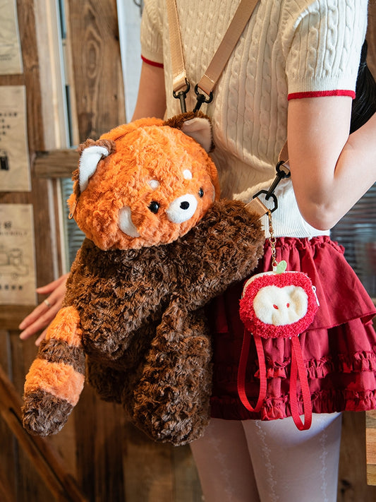 Bag Brown Plush Cute 40cm + Backpack/Crossbody Panda Keychain Red