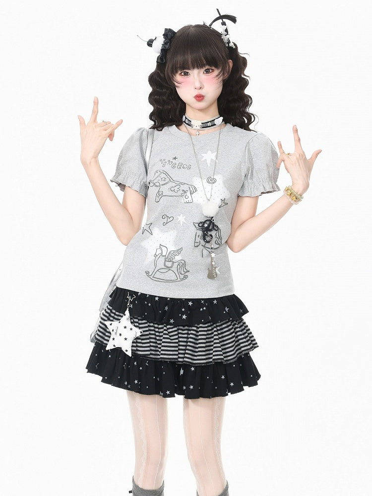 Gray Puff Sleeve Crew Neck Top with Rocking Horse Print - Languid Park