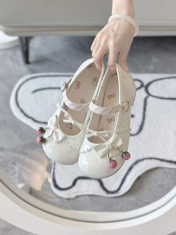 with Jane Shoes Strawberry Bow Sweet Mary Heel 2.5cm Themed White Details Lolita