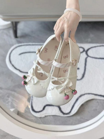 with Jane Shoes Strawberry Bow Sweet Mary Heel 2.5cm Themed White Details Lolita