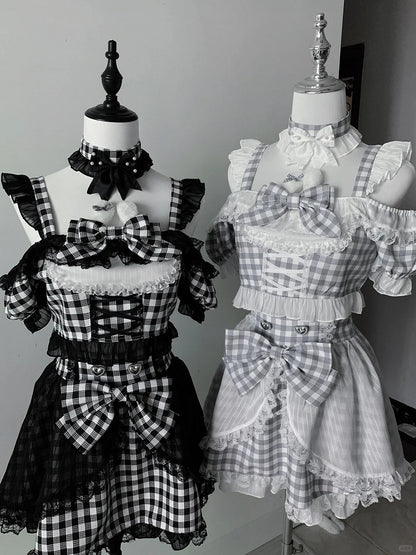 Plaid Idol Design Neckline Bowknot+ Set- Off-the-shoulder Choker High Waist Top Jirai Kei Gray + Bunny Skirt+ Ears