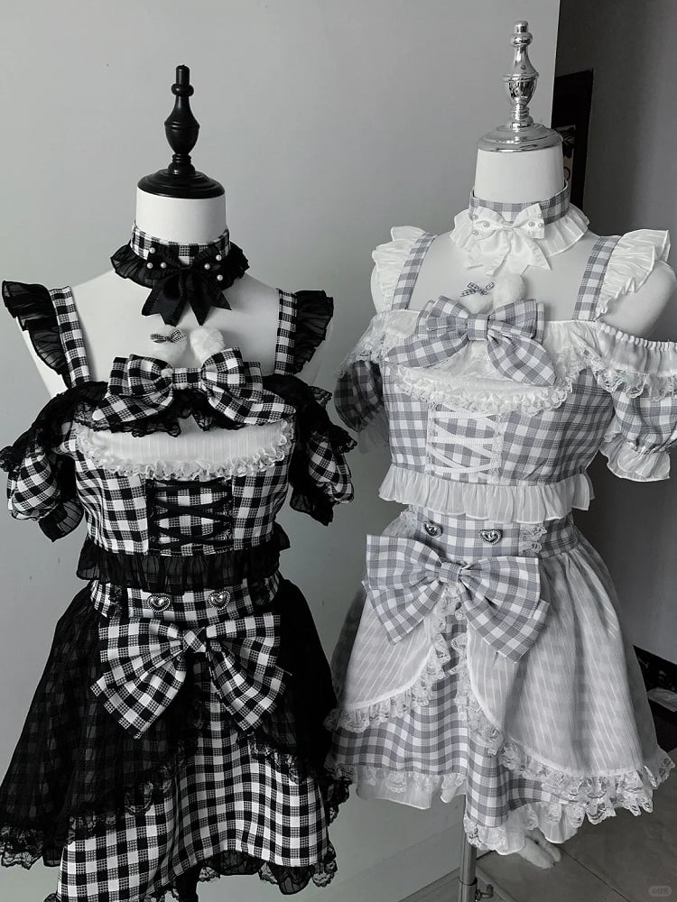 Off-the-shoulder Choker Bowknot+ Design Bunny Waist Plaid Idol High Neckline Skirt+ Set- Ears + Top Jirai Kei Black