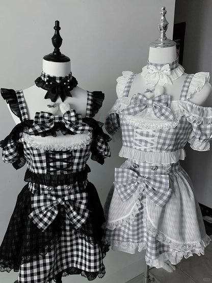 Off-the-shoulder Choker Bowknot+ Design Bunny Waist Plaid Idol High Neckline Skirt+ Set- Ears + Top Jirai Kei Black