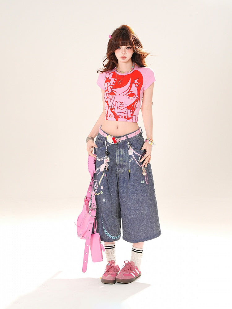 ピンクのラウンドアニメガールプリントクロップドTシャツネック