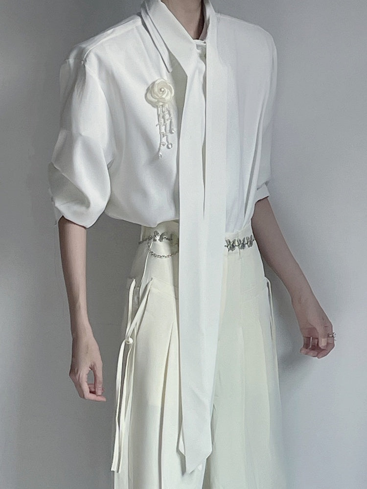 White and Shirt Chiffon Ribbon Brooch Rose with Design