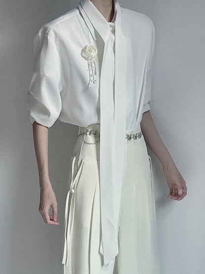 White and Shirt Chiffon Ribbon Brooch Rose with Design