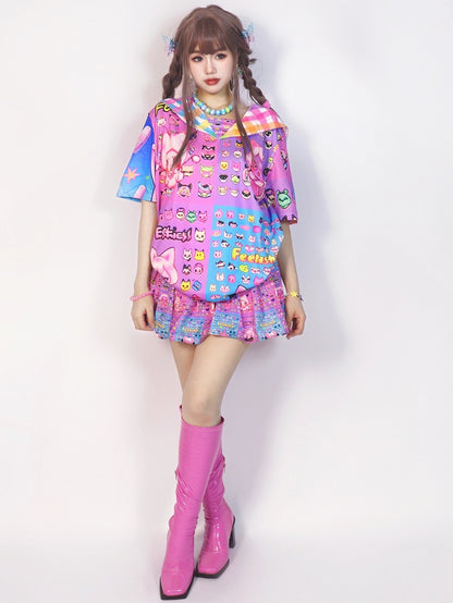 Y2K Cartoon Plaid Skirt Colorful Print Pattern