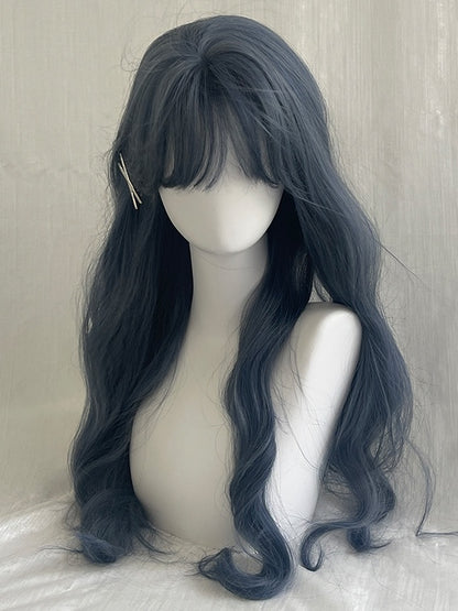 Staubig blaue, hüftlange, gewellte Perücke mit Air Bangs