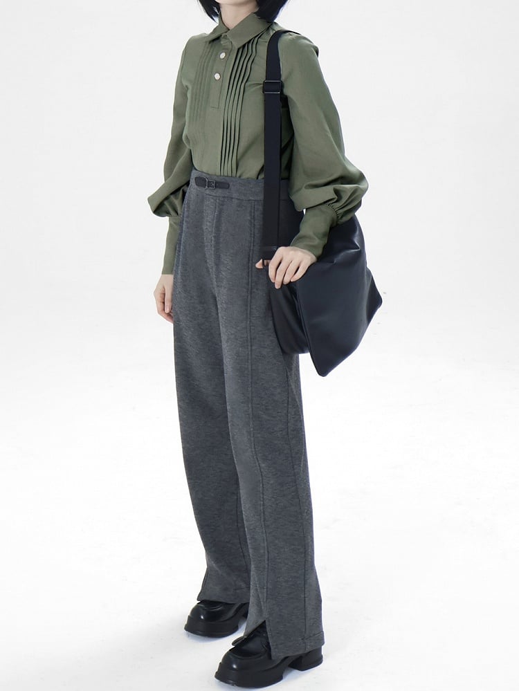 with Shirt Leg-of-Mutton Sleeves - Pleating Ouji Button Intricate Green Unisex Placket