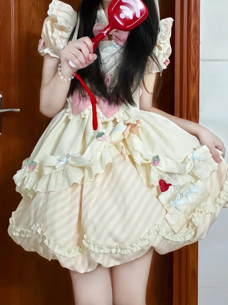 Beige Hairband Apron Full OP Sleeves Pink Skirt with Stripe Cake Dress Decor Adorable Bubble Brooch Bow Puppy + Lolita Set Train Detachable