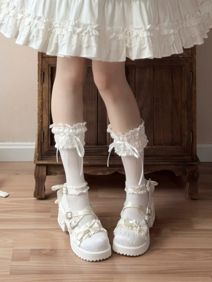 Mid Block Heel Off-white Mary Janes - Rhinestone Clasp with Gather Edging & Bow Accents