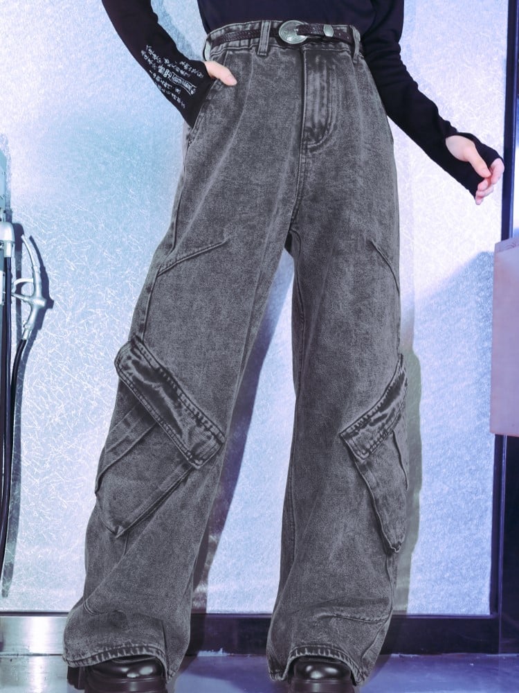 Gray Vintage Pockets Distressed Asymmetrical Jeans Wide-Leg with