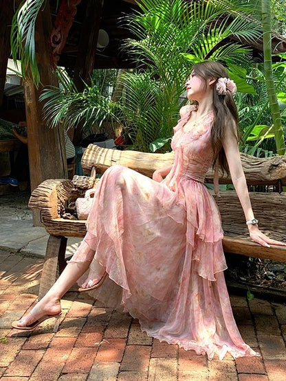 Pink Oil Painting Print Ruffle Trim Summer Holiday Dress - Qchiwawameme