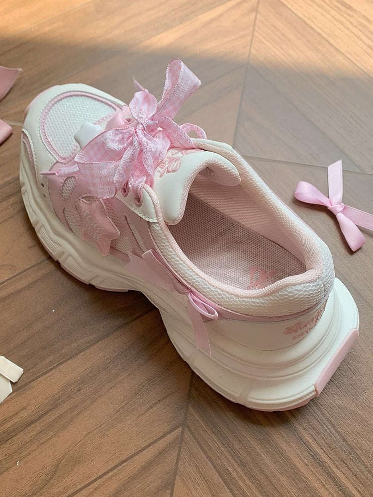 Design - Pink Lolita Platform Sneakers Lace-Up Star with Sweet Accents White Bow Plaid