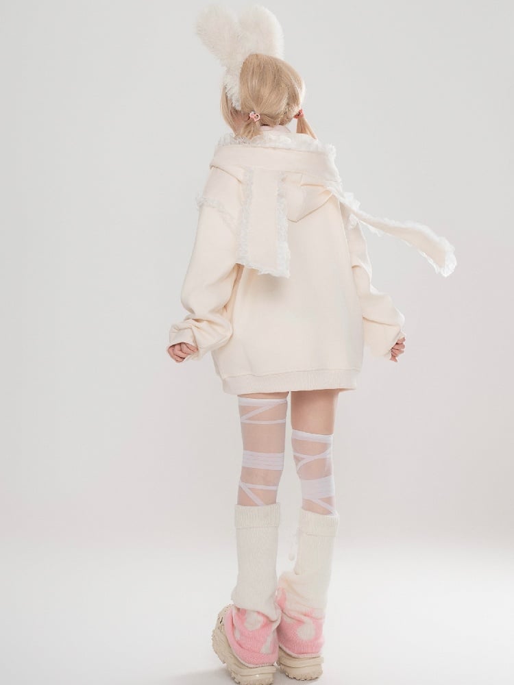 Hellblau/Apricotfarbener Kapuzenpullover mit Hasenohren-Design und Spitzenakzenten