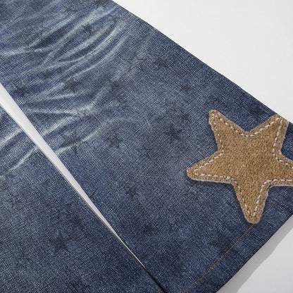 Vintage Kawaii Blue Star Print Flare Jeans - Languid Park