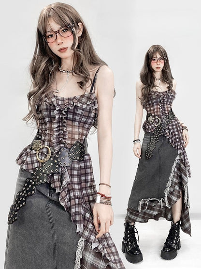 Hem Pattern Cami Glamorous Bittersweet Brown Plaid Asymmetrical