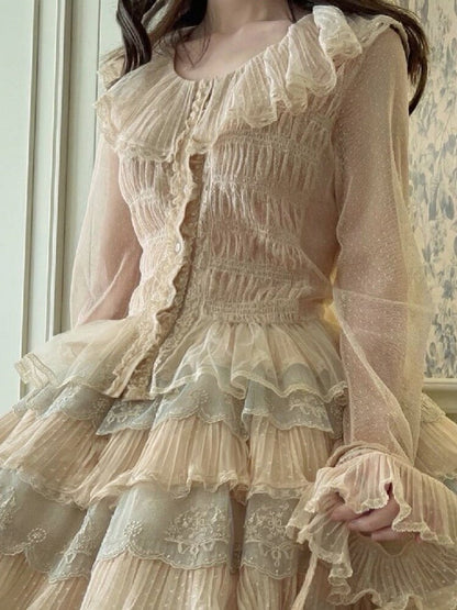 Beige Elegant Lolita Sleeves Blouse with Hem Ruffled Long